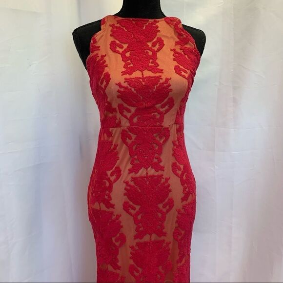 Red lace sleeveless halter top mermaid maxi dress gown size medium - Picture 5 of 15